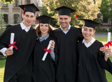 Happy university graduates in black gowns and caps holding diplomas on campus.