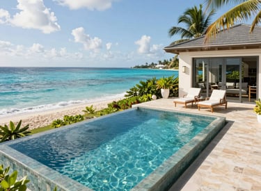 A sleek modern eco-villa nestled among lush Andros greenery with ocean glimpses.