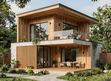 Sunset casting golden light over a villa’s sustainable wooden deck.