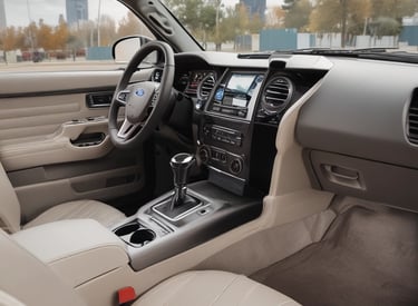 Close-up of a car interior with pristine upholstery and crystal-clear, water-repellent windows.