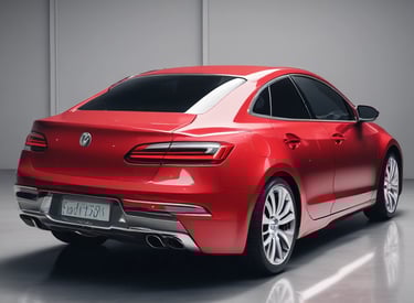 A sleek car with a glossy, deep-colored finish shining under studio lights.