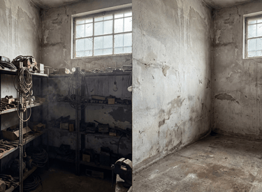Before and after comparison of a basement cleanout showing a cluttered workshop transformed into an empty storage room.