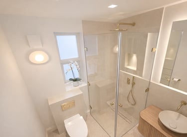 Modern luxury bathroom featuring a glass walk-in shower with gold fixtures and a minimalist vessel sink.