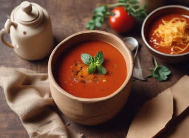 A bowl of creamy, vibrant vegetable soup garnished with fresh herbs, steaming gently in a cozy kitchen setting.