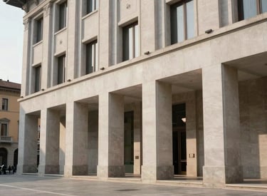 Wide shot of a modern courthouse facade with clean architectural lines, professional and sober atmosphere, daylight, Italian / European city setting.