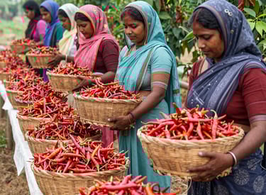Close-up of vibrant Indian spices being handpicked in a sunlit field.