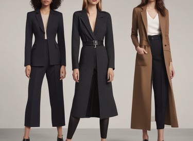 A stylish collection of modern clothing displayed on a minimalist background.