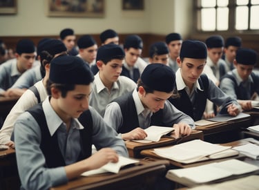 A serene modern classroom with students engaged in Torah study, bathed in soft natural light.