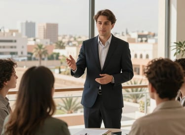 Smiling real estate agent showing premium land plots to serious investors in Tangier.