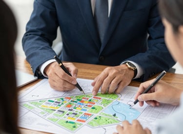 Elegant office setting with a consultant discussing land investment plans with clients.