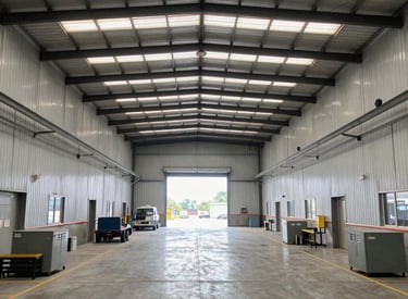 Long industrial building with graffiti under clear sky