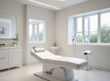 A friendly laser technician gently treating a smiling client in a bright, clean clinic room.