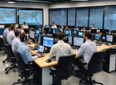 A dispatcher working at a desk with multiple screens.