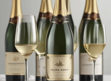 A sparkling bottle of Brut Champagne with delicate bubbles rising in a crystal flute.
