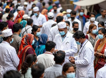 Children and volunteers sharing smiles during a health camp in a rural village.
