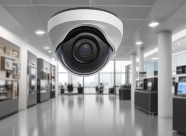 Close-up of a modern security camera mounted on a building exterior.