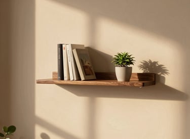 Minimalist wooden floating shelf featuring a small potted succulent and books in natural sunlight.