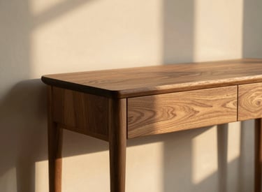 A close-up of a minimalist solid walnut console table in warm golden-hour light, showing the rich grain.