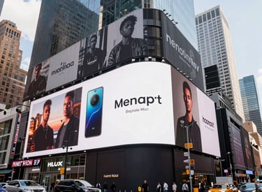 Team collaborating around a table with blue-themed marketing materials.