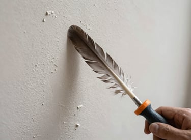 Close-up of a drywall knife feathering joint compound over a patched wall section, natural overcast light, texture visible in the surface