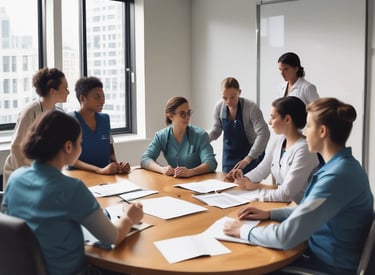 A diverse group of nurses smiling together in a hospital corridor.