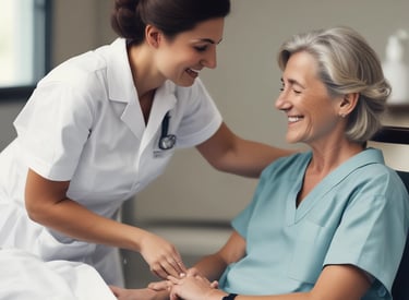 A nurse gently assisting an elderly woman in a bright, home-like setting.