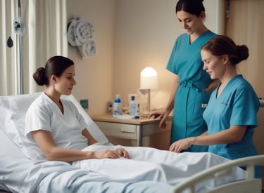 A diverse group of nurses warmly interacting in a bright, modern healthcare setting.