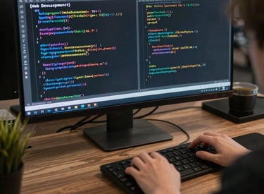 A team brainstorming digital marketing strategies around a laptop in a bright office.