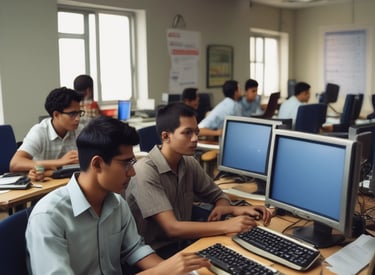 A lively classroom scene with students engaged in computer training, focused on their screens.