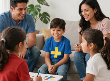 A diverse family sharing a warm moment together in a cozy living room.