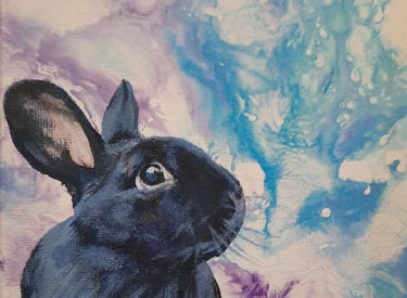 Original acrylic painting of a rabbit with a colourful splatter swirl background by Jen Manning