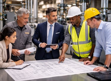 engineers analyzing blueprints in a mechanical room. elite facilities consulting