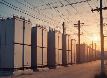 A sleek industrial warehouse with rows of high-voltage transformers under steel-green lighting.