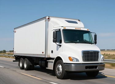 A high-speed white delivery truck driving through a sunlit North American highway landscape, blurred asphalt and clear blue sky to convey efficiency and speed, sharp focus on the vehicle.