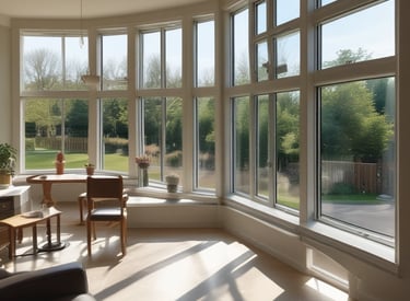 A cozy single-story house with gleaming clean windows reflecting sunlight.