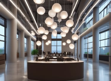 Modern interior well lit with glowing spherical lights at night.