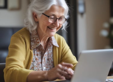 A diverse group of people engaged in an online learning session, smiling and focused.
