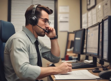A dispatcher at a desk with multiple screens showing trucking routes and schedules.