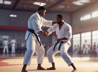 A dynamic martial arts dojo with practitioners training under focused lighting in a modern digital environment.