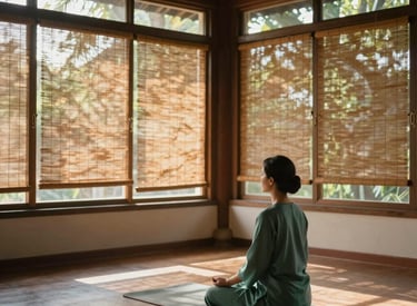 A wide shot of a tranquil Southeast Asian meditation room with large windows, soft morning light filtering through bamboo screens, featuring a person in a muted teal green outfit sitting peacefully, authentic and serene atmosphere.