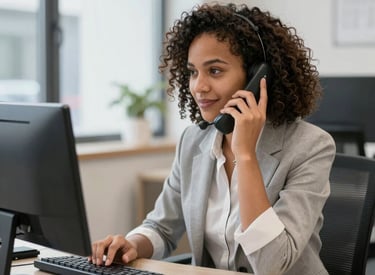 Friendly customer service representative assisting a client via headset.