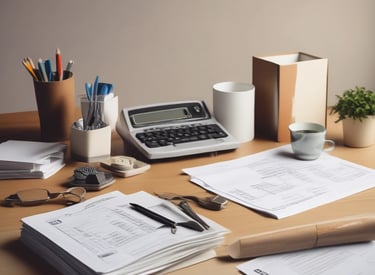 Organized paperwork and a laptop showing a mortgage application process.