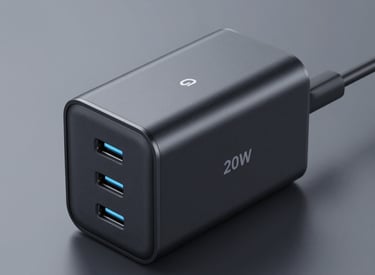 Close-up of a sleek zelvix™ fast charger glowing with electric blue neon accents on a dark background.