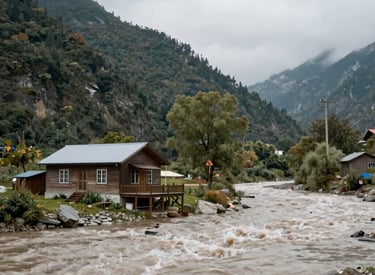 A wooden cabin flooded by a rushing mountain river during a storm.