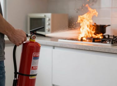 Person using a fire extinguisher to put out a small fire inside a house