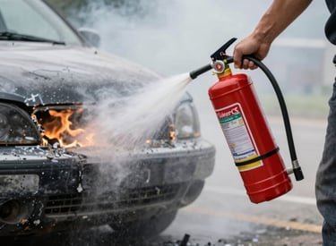 Fire extinguisher being used to extinguish a burning vehicle