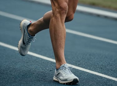 Cinematic photography of a European French athlete's legs mid-stride on a running track, focus on the foot striking the ground, modern sports shoes, muted blue and soft grey tones, professional lighting.