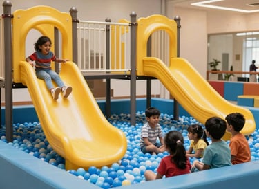 A wide-angle photo of a vibrant, clean indoor playground with yellow slides and sky blue ball pits, filled with happy South Asian / Indian children playing together under bright, cheerful lighting.