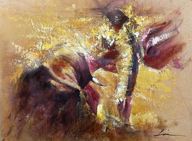 Cuadro de un torero de frente a un toro con traje de luces dorado sobre un lienzo con textura mineral rugosa y fondo oscuro.