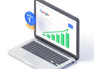 An image of a laptop screen displaying SEO analytics with electric blue highlights on a charcoal background.